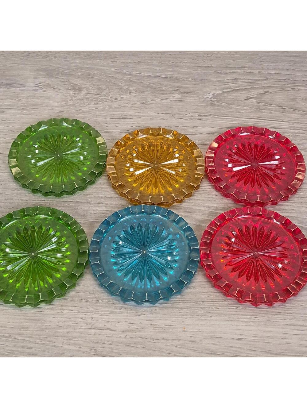 Vintage Plastic Colored Sunburst Round Coasters Set Of 6
